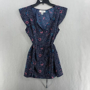 Motherhood Maternity Blouse Women's Sz S Blue Floral Polka Dot V-Neck Tie Waist